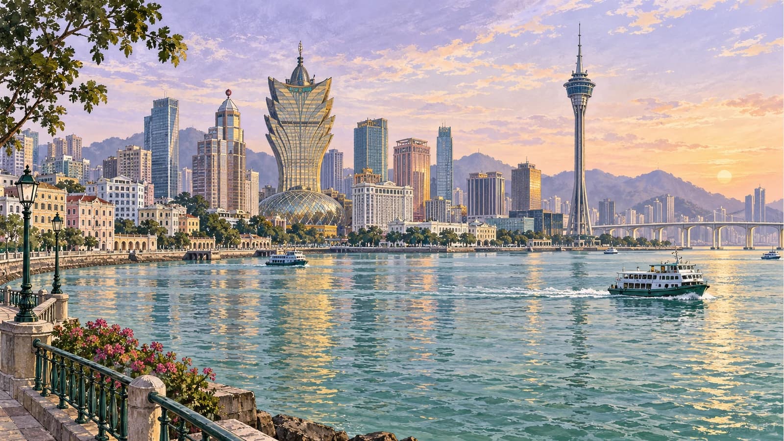 Original Macau-inspired waterfront city illustration, not a documentary photograph or exact site map.